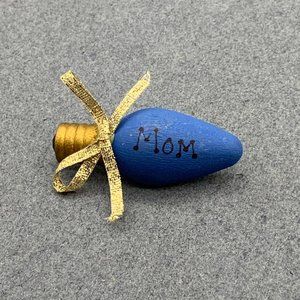 Christmas Bulb Pin Brooch Wood Mom Gold Ribbon Blu